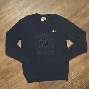 Furst Of A Kind Navy Blue Cut Away Patterned Patch Detail V Neck Sweater A38